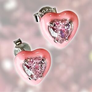 NEW Pink Enamel Framed Pink CZ Heart Cut White Gold-Plated 925 Sterling Earrings